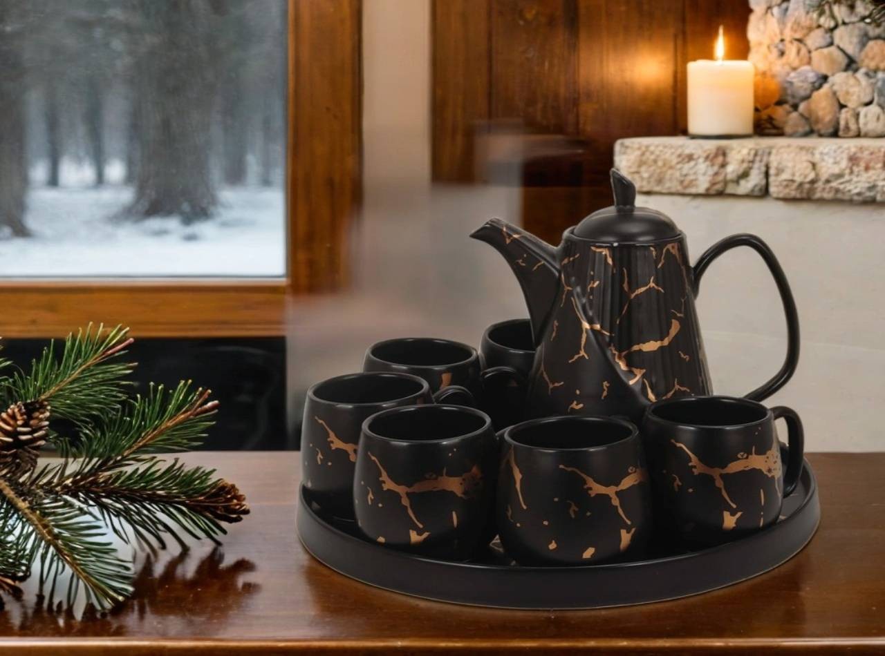 TM89 Hitam Perlengkapan Minum Teh Livia dengan motif Marmer